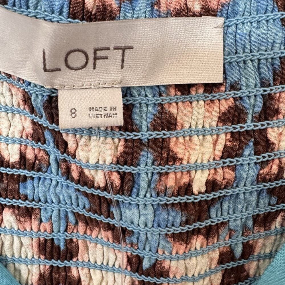 NEW Loft Tiered Smocked Dress Teal Brown Geo Print Size 8 Spring - Picture 4 of 8